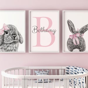 Bunny Rabbit Set Of 3 Unframed Personalised Poster Prints, Baby Girls Nursery Decor, Girls Bedroom Prints, Bunny Wall Art Bow Floral