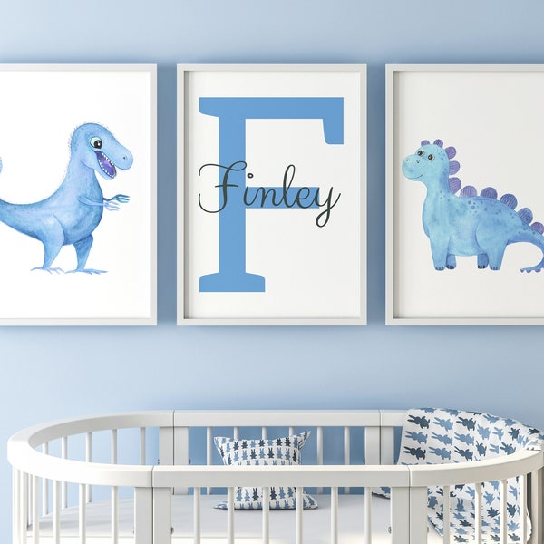Juego de 3 pósteres sin marco de dinosaurios para bebé, para habitación infantil, sala de juegos, personalizables con nombre en azul, verde o rosa.