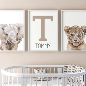 Realistic Safari Animals Baby Boys Set Of 3 Unframed Poster Prints with Personalised Name, Nursery Decor, Boys Bedroom Decor Elephant Lion