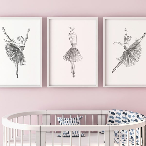 Pencil Style Ballerinas Set Of 3 Unframed Poster Prints, Baby Girls Nursery Decor, Girls Bedroom Prints, Ballet Dancer Decor