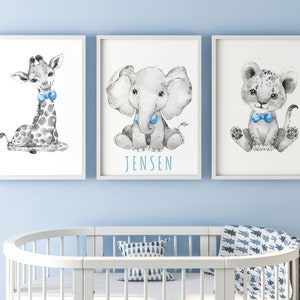 Safari Animals Baby Boys Nursery Set Of 3 Unframed Personalised Name Grey Blue Bow Tie Prints Gift Present Giraffe Elephant Lion Watercolour