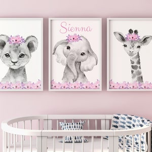 Safari Animals Baby Girls Nursery Set Of 3 Unframed Poster Prints, Personalised Name Grey Pink Lilac Flower Gift Present Giraffe Elephant