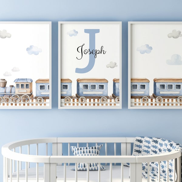 Choo Choo Train Set Of 3 Unframed Personalised Name Poster Print, Toddler Nursery Bedroom in Watercolour Grey Blue Green Brown, Gift Present