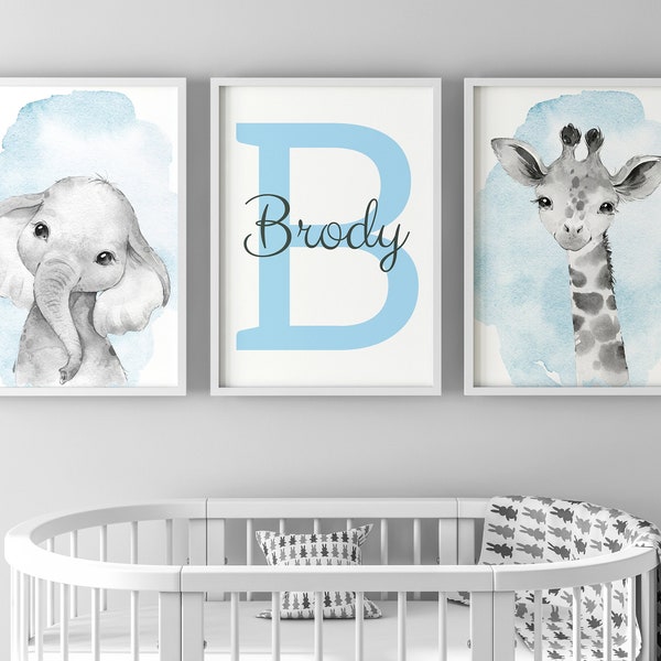 Safari Animals Baby Boys Set Of 3 Unframed Poster Prints with Personalised Name, Nursery Decor, Boys Bedroom Decor Giraffe Elephant