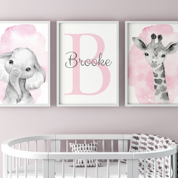 Safari Animals Baby Girls Set Of 3 Unframed Poster Prints with Personalised Name, Nursery Decor, Girls Bedroom Decor Giraffe Elephant Pink