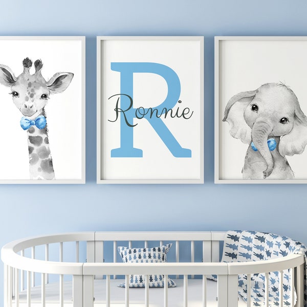 Safari Animals Baby Boys Nursery Decor, Set Of 3 Unframed Poster Prints with Personalised Name, Grey Blue Green Bow Tie Giraffe Elephant