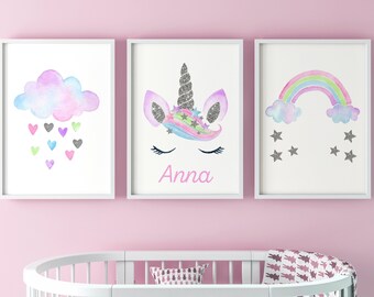 Unicorn Set Of 3 Personalised Unframed Poster Prints, Girls Bedroom Decor, Unicorn Decor, Girls Nursery Decor, Girls Bedroom Prints