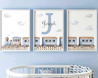 Choo Choo Train Set Of 3 Unframed Personalised Name Poster Print, Toddler Nursery Bedroom in Watercolour Grey Blue Green Brown, Gift Present