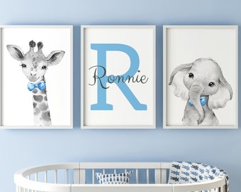 Safari Animals Baby Boys Nursery Decor, Set Of 3 Unframed Poster Prints with Personalised Name, Grey Blue Green Bow Tie Giraffe Elephant