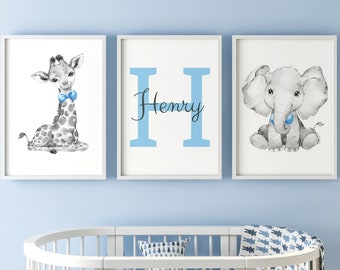 Safari Animals Baby Boys Nursery Set Of 3 Unframed Personalised Name Grey Blue Bow Tie Prints Gift Present Giraffe Elephant Green Mustard