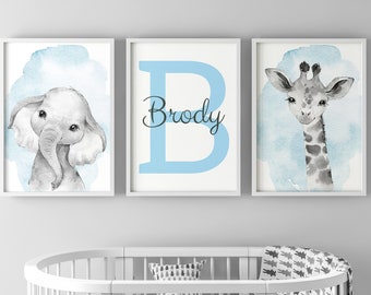Safari Animals Baby Boys Set Of 3 Unframed Poster Prints with Personalised Name, Nursery Decor, Boys Bedroom Decor Giraffe Elephant
