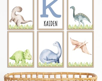 Dinosaurs Set Of 6 Unframed Poster Prints For Baby Boy Girl Nursery Bedroom Playroom, Personalise Name Green Blue, Dinosaur Bedroom Wall Art