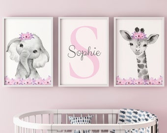 Safari Animals Baby Girls Nursery Set Of 3 Unframed Poster Prints, Personalised Name Grey Pink Lilac Flower Gift Present Giraffe Elephant