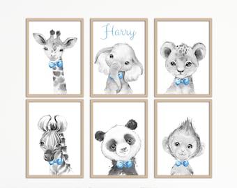 May include: Six black and white animal illustrations with blue bow ties. The illustrations are framed in brown frames and are arranged in two rows of three. The top row includes a giraffe, an elephant, and a lion. The bottom row includes a zebra, a panda, and a monkey. The name "Harry" is written on the frame above the elephant.