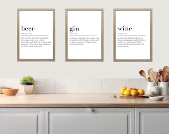 Beer Wine Gin Quotes, Set of 3 Unframed Wall Poster Prints, Alcohol Definition Wall Art, Kitchen Decor, Funny Kitchen Prints
