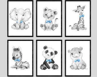 CHOOSE YOUR OWN! Safari Animals Boys Nursery Unframed Poster Prints Grey Blue Yellow Green Bow Tie Giraffe Elephant Lion Zebra Panda Koala