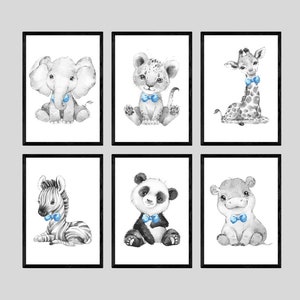 CHOOSE YOUR OWN Safari Animals Boys Nursery Unframed Poster Prints Grey Blue Yellow Green Bow Tie Giraffe Elephant Lion Zebra Panda Koala image 1