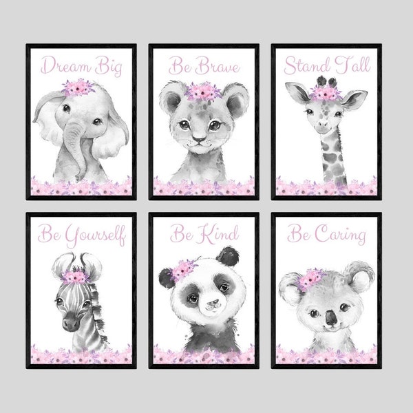 CHOOSE YOUR OWN! Safari Animals Girl Nursery Unframed Poster Prints Grey Pink Purple Flower Phrases Giraffe Elephant Lion Zebra Panda Koala