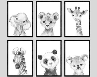 CHOOSE YOUR OWN! Safari Animals Boy Girl Nursery Unframed Poster Prints in Grey Baby Gift Giraffe Elephant Lion Zebra Panda Koala Wall Art