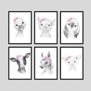 CHOOSE YOUR OWN! Farm Animals Baby Girl Nursery Unframed Prints Grey Pink Flower Pig Duck Horse Rabbit Goat Cow Donkey Lamb Wall Art Decor