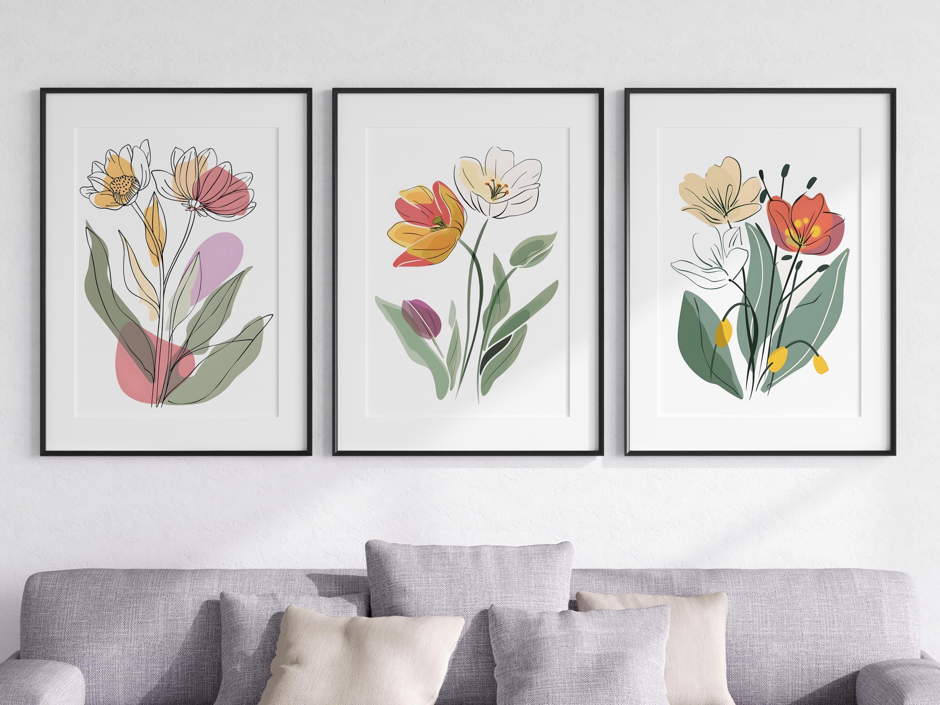 Eviepops Prints Set of 3 Unframed Abstract Flower Line Art Prints ...