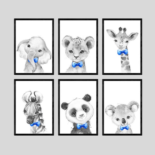 CHOOSE YOUR OWN! Safari Animals Boys Nursery Unframed Poster Prints Grey Blue Yellow Green Bow Tie Giraffe Elephant Lion Zebra Panda Koala