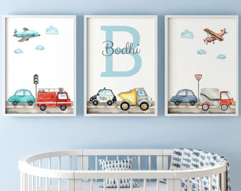 Transport Cars and Planes Set of 3 Unframed Wall Poster Prints for Baby Girl or Boy Nursery Bedroom Playroom, Car Police Car Truck Van Plane