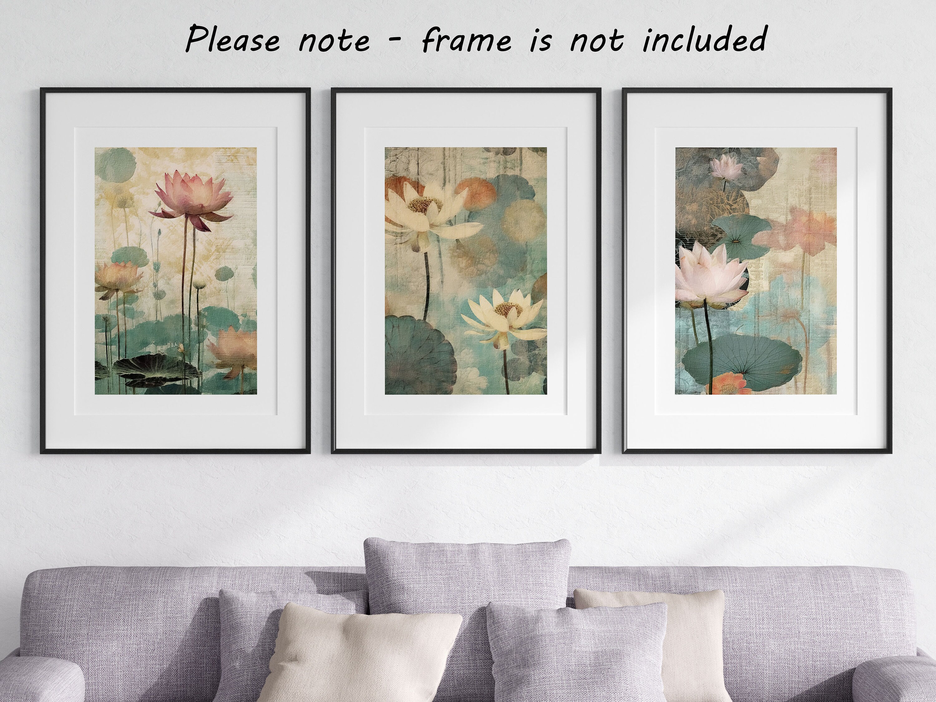 Zen Lotus Flowers Wall Art Set of 3 Unframed Poster Prints, Botanical ...