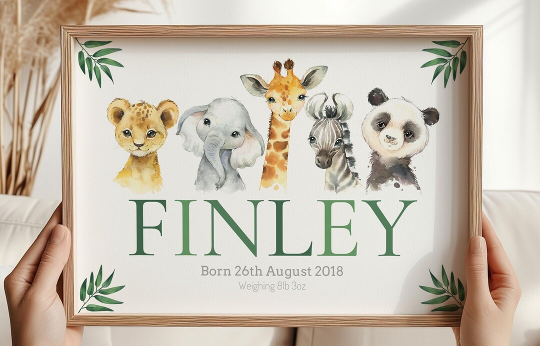 Personalised Safari Animals Unframed Poster Print for Baby Boy or Girl ...