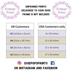 May include: A size chart for unframed prints by Eviepops Prints. It lists UK sizes A5 (14.8cm x 21cm), A4 (21cm x 29.7cm), A3 (29.7cm x 42cm), and A2 (42cm x 59.4cm), alongside USA sizes 8x10, 11x14, 12x16, and 17x22 inches. Includes social media text.