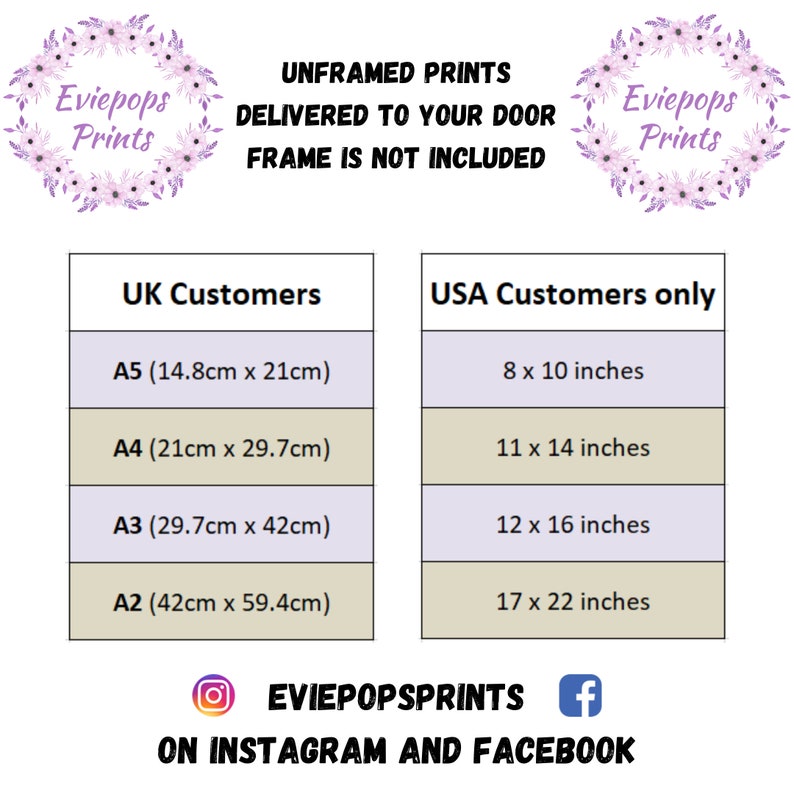 May include: A size chart for unframed prints by Eviepops Prints. It lists UK sizes A5 (14.8cm x 21cm), A4 (21cm x 29.7cm), A3 (29.7cm x 42cm), and A2 (42cm x 59.4cm), alongside USA sizes 8x10, 11x14, 12x16, and 17x22 inches. Includes social media text.