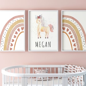 Rainbow Unicorn Set of 3 Unframed Poster Prints for Baby Girl Nursery Bedroom Playroom, Personalise Name, Choice of 3 Colours Grey Pink Gold