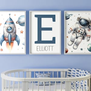 Eviepops Prints Personalised Set of 3 Unframed Space Posters, Custom Name Astronaut Rocket, Boys Space Theme Room Decor, Dark or Light Blue