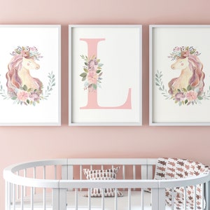 Personalised Floral Unicorn Set of 3 Unframed Poster Prints for Baby Girl Nursery Bedroom Playroom, Personalise Letter and Background, Pinks