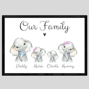 Elephant Family Portrait Unframed Animal Print, Personalised for Baby Nursery or Home Wall Art, Family Gift New Baby Present Flower Bow Tie