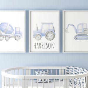 Construction Tractor Digger Truck Vehicles Set Of 3 Unframed Boys Nursery Bedroom Poster Prints Personalised Name Blue Green Red Yellow