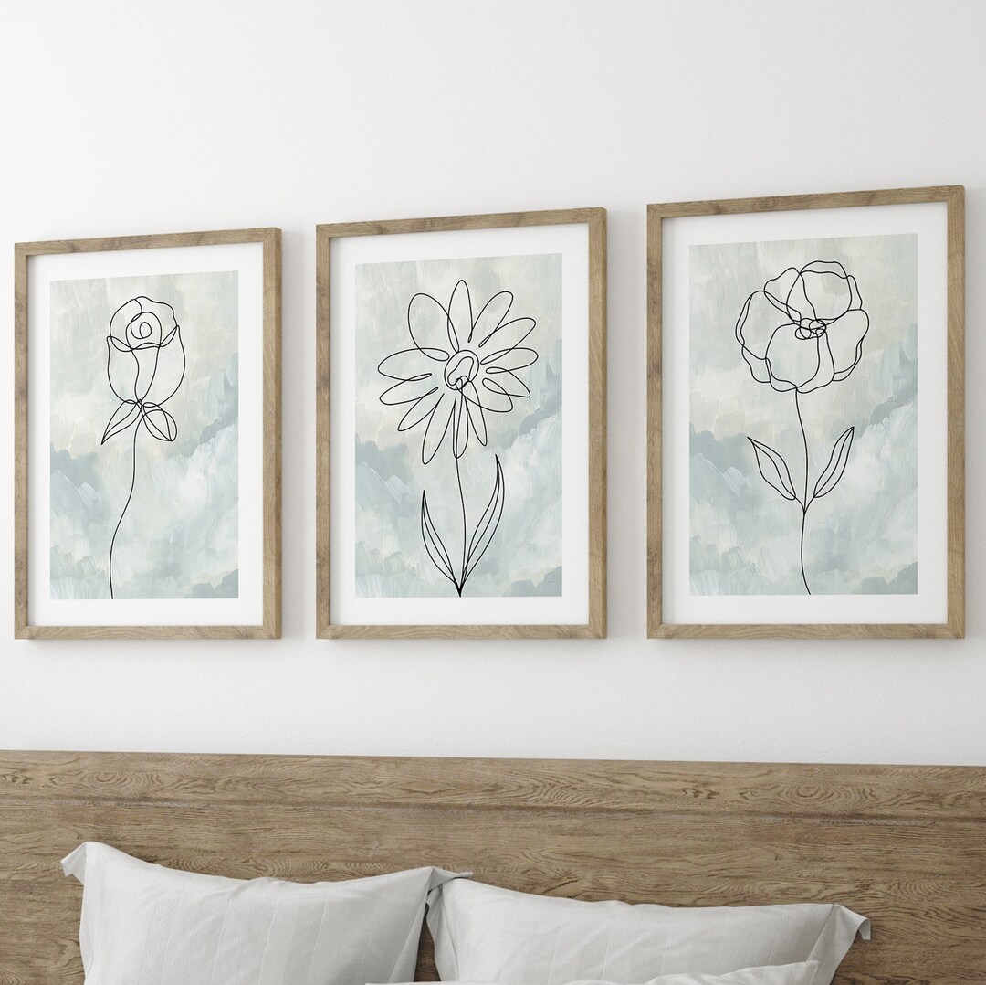 Green Flower Botanical Line Art Set of 3 Unframed Prints, Minimalist ...