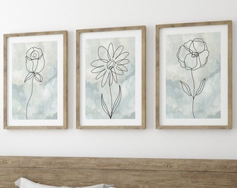 Green Flower Botanical Line Art Set of 3 Unframed Prints, Minimalist Abstract Wall Art Decor, Rose Sunflower Poppy Flowers, Green Acrylic