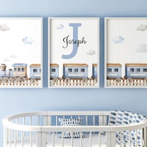 Choo Choo Train Set Of 3 Unframed Personalised Name Poster Print, Toddler Nursery Bedroom in Watercolour Grey Blue Green Brown, Gift Present