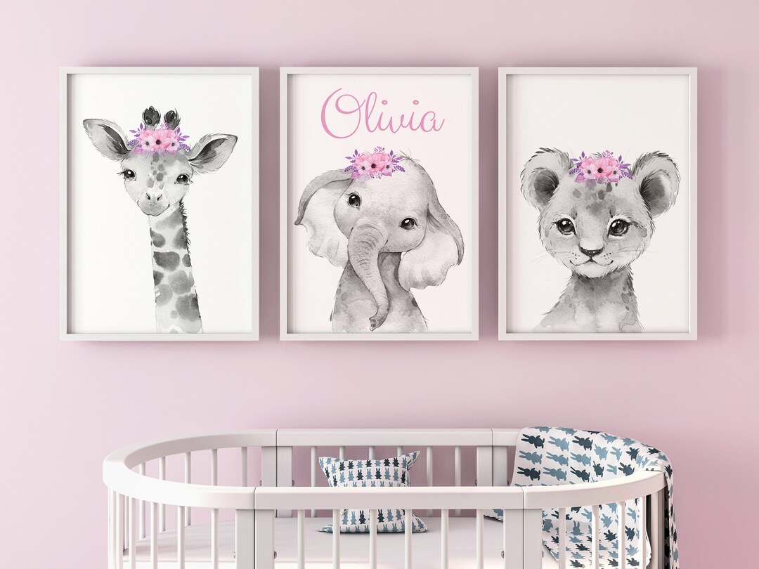 Safari Animals Baby Girls Nursery Set of 3 Unframed Personalised Name