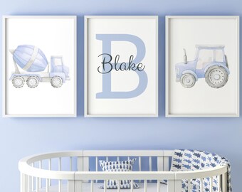 Cute Construction Vehicles Set of 3 Unframed Poster Prints for Baby Boy Nursery Bedroom Playroom, Personalised Name, Choice of 4 Colours