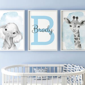 Safari Animals Set of 3 Unframed Poster Prints, Baby Boys Girls Nursery Bedroom Playroom, Personalised Name, Choice of 12 Animals, 3 Colours
