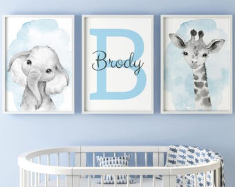Safari Animals Set of 3 Unframed Poster Prints, Baby Boys Girls Nursery Bedroom Playroom, Personalised Name, Choice of 12 Animals, 3 Colours