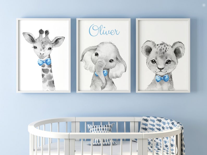 Safari Animals Baby Boy Nursery Set of 3 Unframed Personalised Etsy