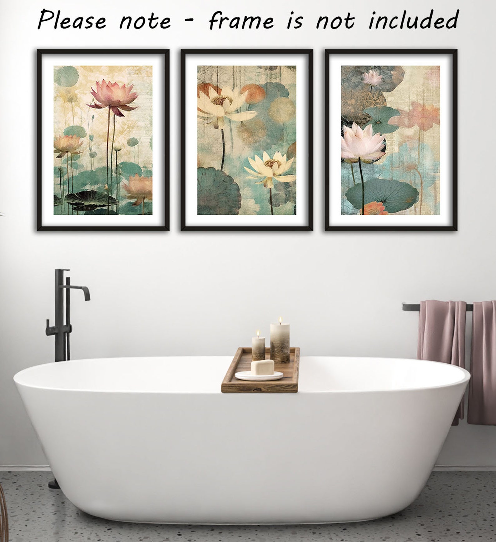 Zen Lotus Flowers Wall Art Set of 3 Unframed Poster Prints, Botanical ...