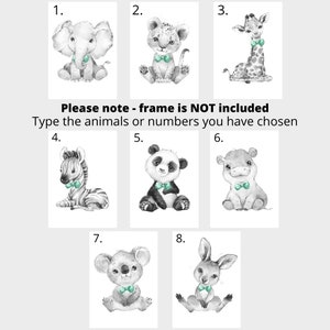 CHOOSE YOUR OWN Safari Animals Boys Nursery Unframed Poster Prints Grey Blue Yellow Green Bow Tie Giraffe Elephant Lion Zebra Panda Koala image 2