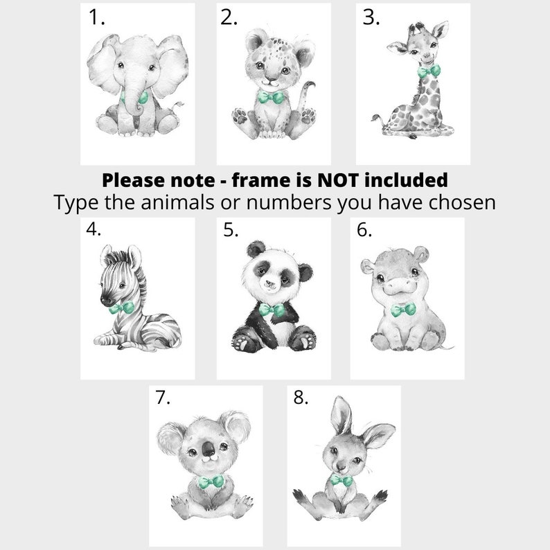 CHOOSE YOUR OWN Safari Animals Boys Nursery Unframed Poster Prints Grey Blue Yellow Green Bow Tie Giraffe Elephant Lion Zebra Panda Koala image 2