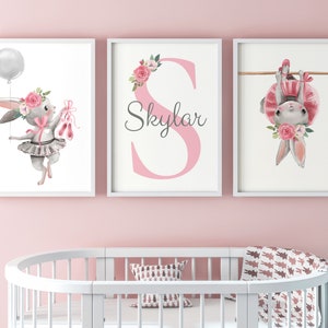 Ballerina Bunny Rabbit Set Of 3 Unframed Personalised Poster Prints, Baby Girls Nursery Decor, Girls Bedroom Prints, Bunny Wall Art