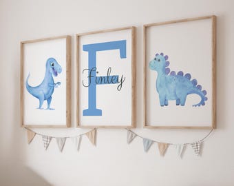 Baby Dinosaurs Set of 3 Unframed Poster Prints for Baby Boy Girl Nursery Bedroom Playroom, Personalise Name in Blue Green or Pink