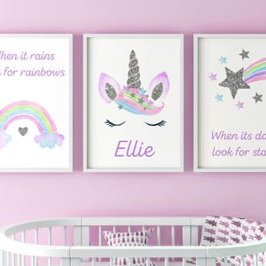 Unicorn Rainbow Stars Set of 3 Unframed Poster Prints for Girls Nursery Bedroom Playroom, Personalised Name, Choice of 4 Colour Combinations